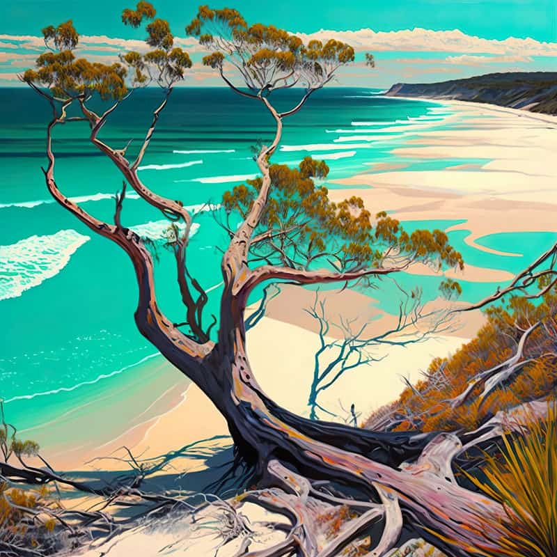 Coastal tree leaning over turquoise water and pale sand on a quiet beach - Paint by Numbers Kit