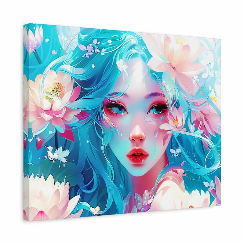 Canvas print with a colorful illustration of a woman with blue hair and flowers, on a white background.