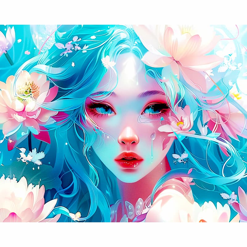 Artistic depiction of a woman with blue hair and flowers, with a focus on vibrant colors and fantasy elements.