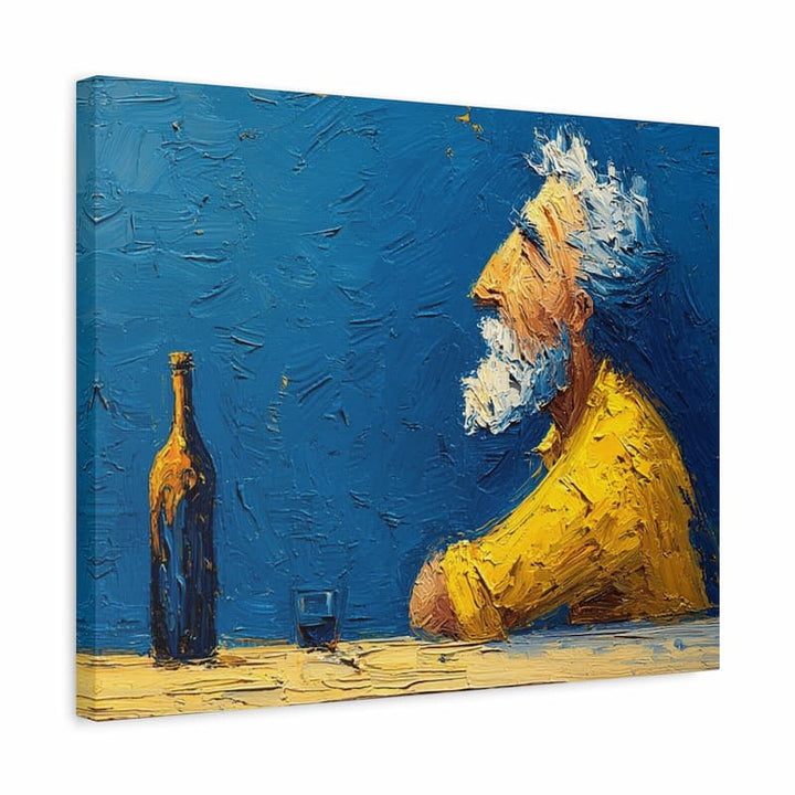 Solitary Man paint by numbers kit showing an elderly man in profile in bold palette knife texture style with vivid blue background and warm yellow tones on HD linen canvas in a wooden frame