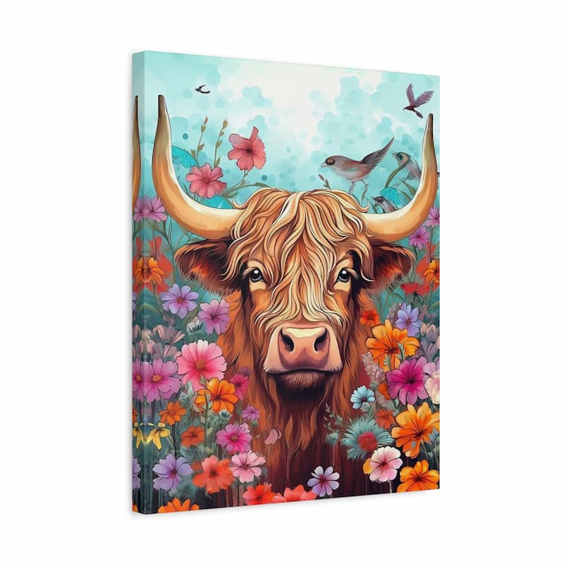 Canvas print of a highland cow surrounded by flowers and birds on a white background