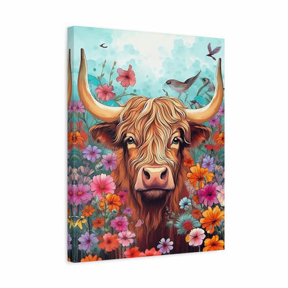 Canvas print of a highland cow surrounded by flowers and birds on a white background