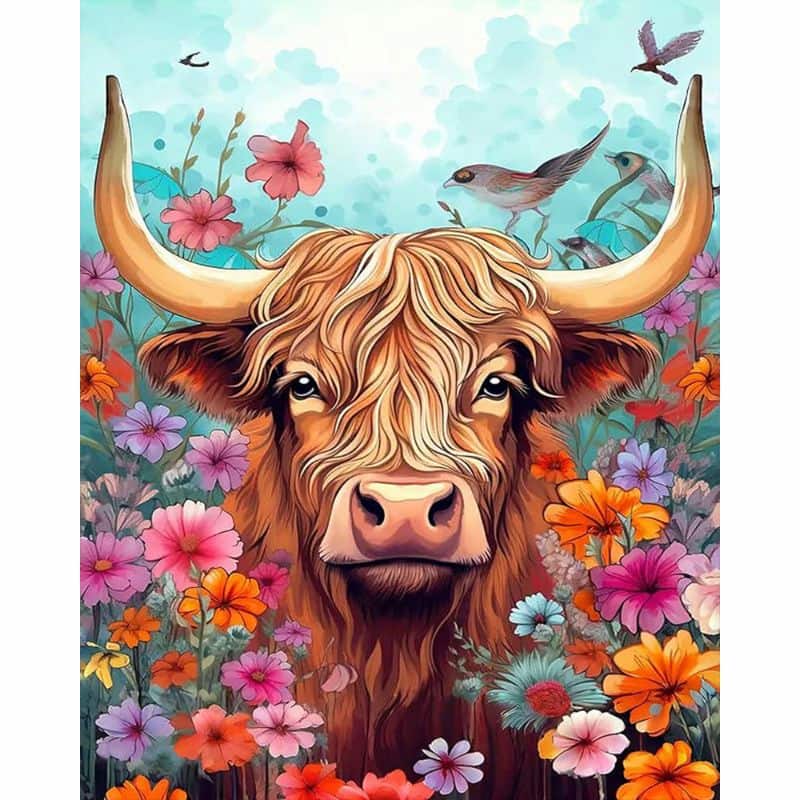 Colorful illustration of a bull surrounded by flowers and birds