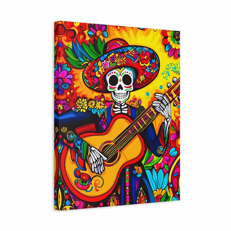 Colorful artwork of a skeleton playing guitar with floral and abstract designs on a white background