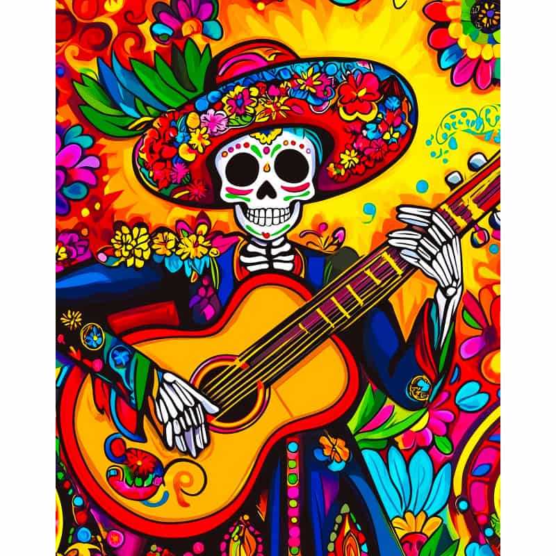 Colorful artwork of a skeleton playing guitar with a vibrant background