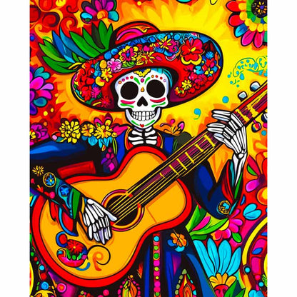 Colorful artwork of a skeleton playing guitar with a vibrant background