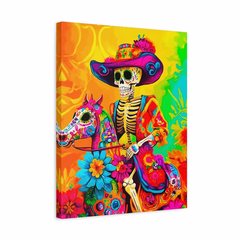 Colorful artwork of a skeleton with a hat and guitar, riding a horse, on a vibrant background.