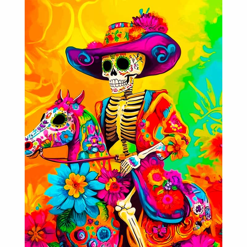 Colorful skeleton and horse illustration with vibrant patterns on a multicolored background