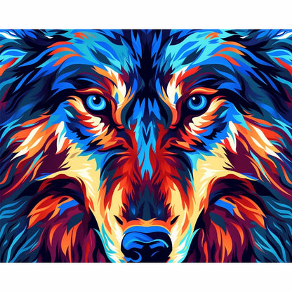 Colorful wolf artwork with blue and orange hues