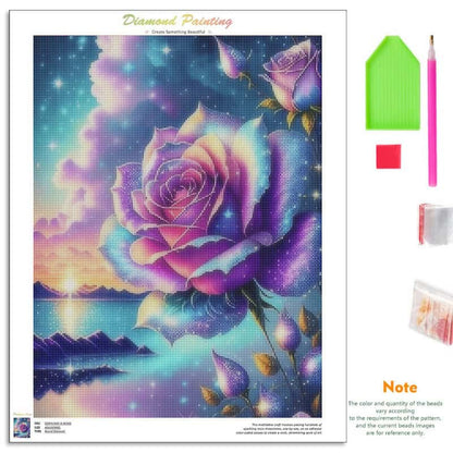 Diamond painting canvas featuring a large purple and blue rose over a starry galaxy sky and lake landscape, shown with included tools and accessories on a white background.