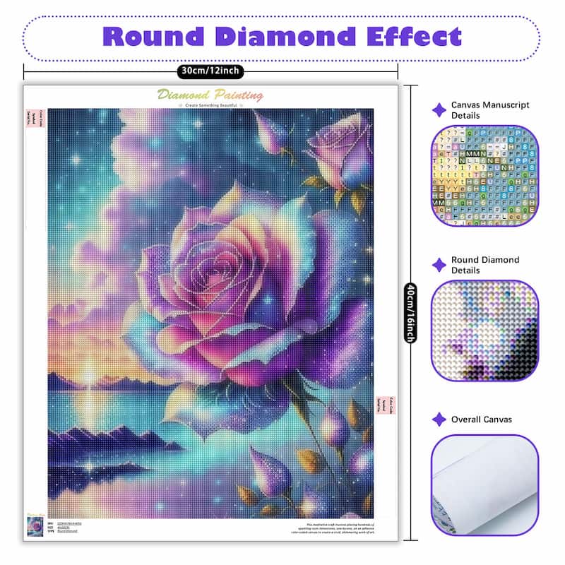 A diamond painting canvas featuring a large purple and pink rose over a colorful starry sky and lake landscape. The image includes dimension labels showing 30cm/12inch size, detail inset images for canvas manuscript, round diamond, and overall canvas, on a white background with purple text headers.