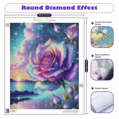 A diamond painting canvas featuring a large purple and pink rose over a colorful starry sky and lake landscape. The image includes dimension labels showing 30cm/12inch size, detail inset images for canvas manuscript, round diamond, and overall canvas, on a white background with purple text headers.