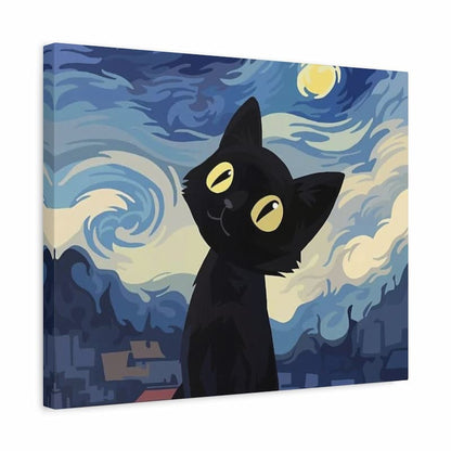 Black cat paint by numbers canvas inspired by Starry Night, featuring a tilted cat with yellow eyes against a swirling blue night sky and moon above a cityscape