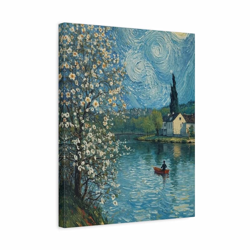 A square canvas wall art print featuring a stylized impressionist landscape painting with a swirling blue sky, a flowering white tree in the foreground, a small house by the water, and a person rowing a red boat.