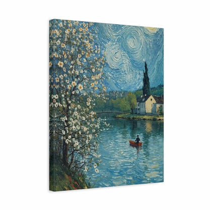 A square canvas wall art print featuring a stylized impressionist landscape painting with a swirling blue sky, a flowering white tree in the foreground, a small house by the water, and a person rowing a red boat.