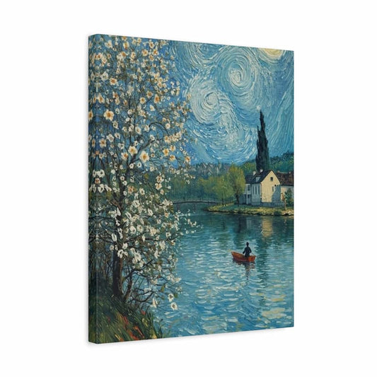 A square canvas wall art print featuring a stylized impressionist landscape painting with a swirling blue sky, a flowering white tree in the foreground, a small house by the water, and a person rowing a red boat.
