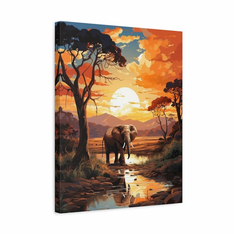 Elephant standing by water at sunset with acacia trees in the background - Paint by Numbers Kit shown in a frame