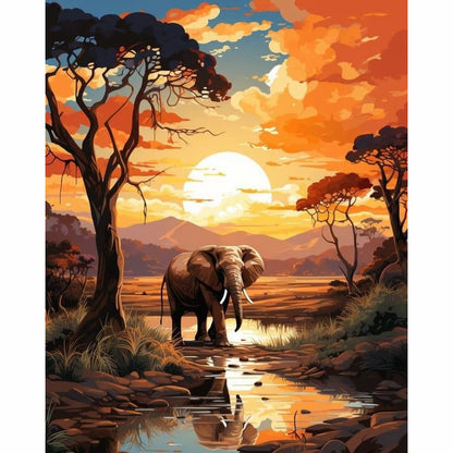 Elephant standing by water at sunset with acacia trees in the background - Paint by Numbers Kit