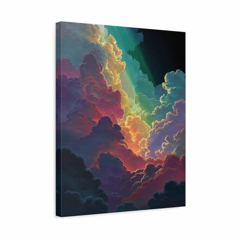 A vertical canvas wall art print showing a dramatic, colorful sky filled with glowing rainbow clouds against a dark background, photographed on a plain white studio backdrop.