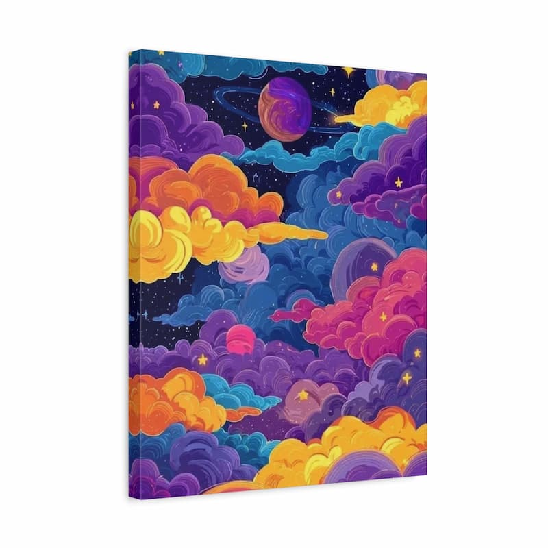 A vertical canvas wall art print featuring a colorful, stylized night sky filled with swirling purple, blue, orange, and yellow clouds, stars, and a planet.