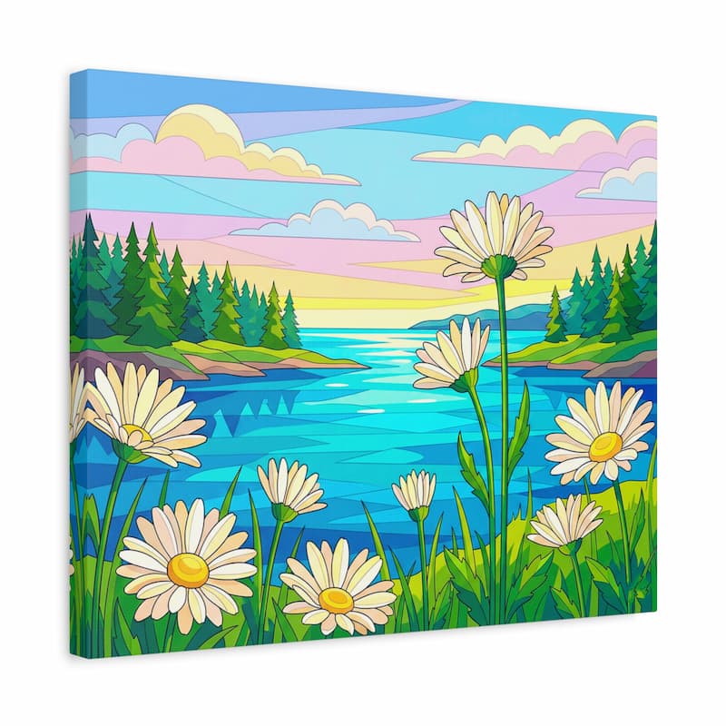 Canvas print of a colorful landscape with flowers and a lake.