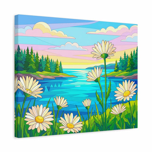 Canvas print of a colorful landscape with flowers and a lake.