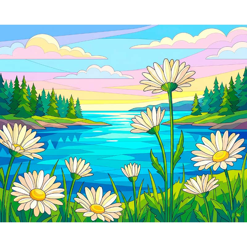 Colorful illustration of a landscape with flowers, trees, and a lake.