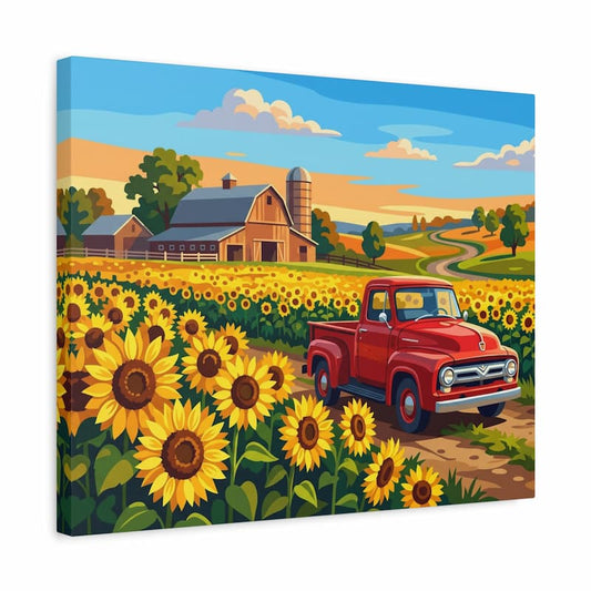 Painting of a red truck in a sunflower field with a barn and landscape in the background.