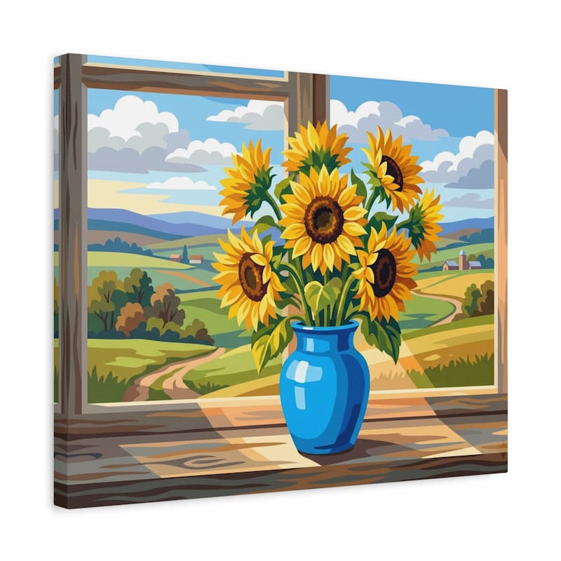 Canvas print with a blue vase of sunflowers in front of a window with a scenic view.