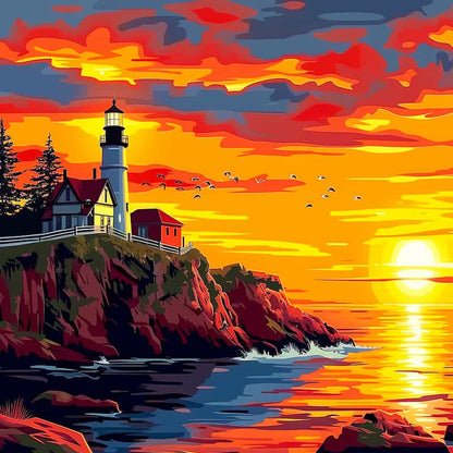 Lighthouse on a rocky cliff with a vibrant sunset sky