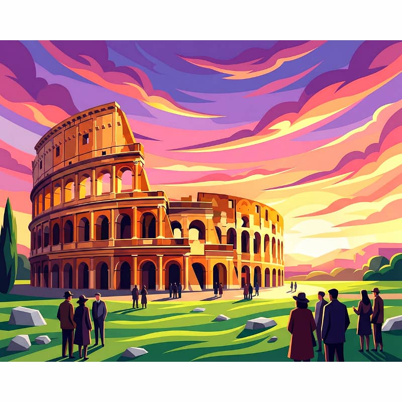 Illustration of the Colosseum with people around it under a colorful sky.