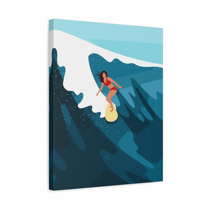 Surfing paint by numbers canvas featuring a woman riding a wave on a surfboard, with deep blue ocean tones and white crashing surf in a minimalist style