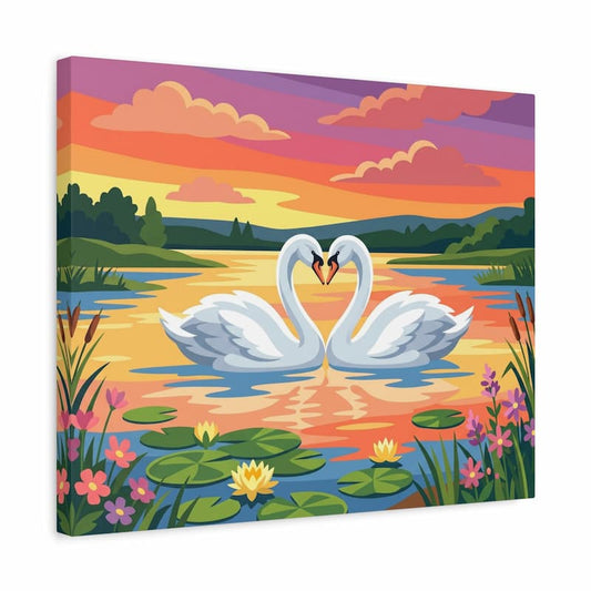 Two swans forming a heart shape in a pond with a colorful sunset sky.