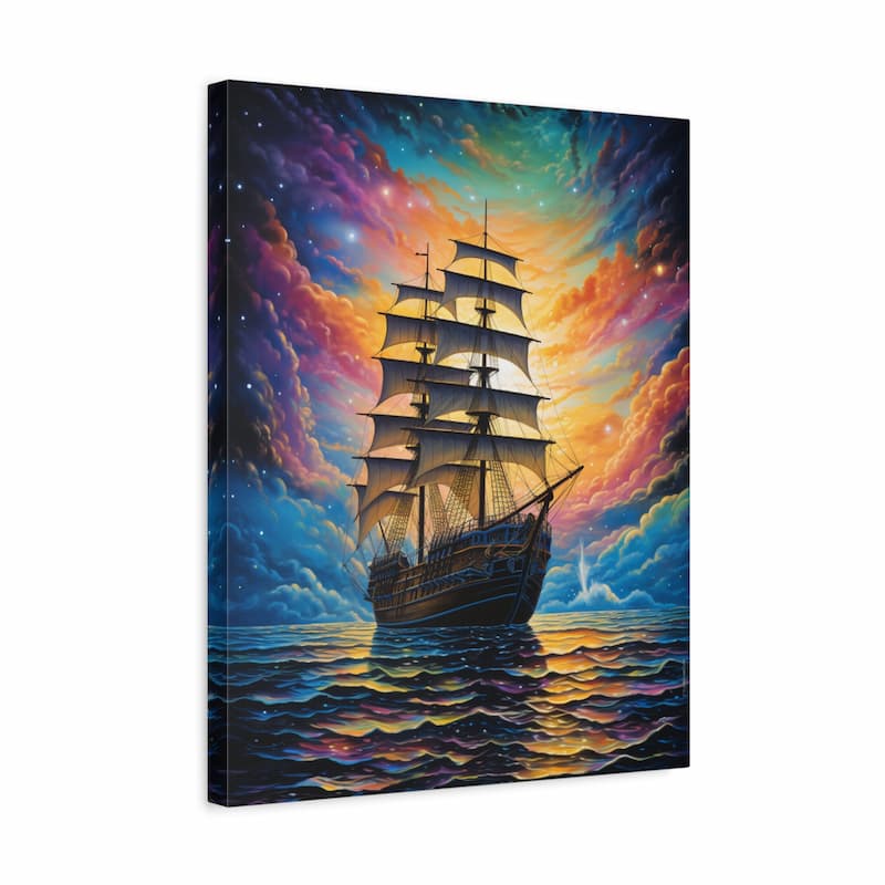 Canvas print of a ship sailing on water with a colorful sky.