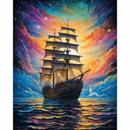 Sailing ship on water with a colorful, cloud-filled sky