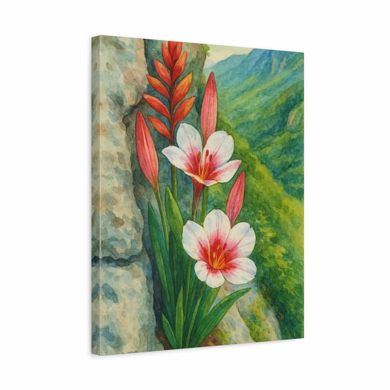 A vertical canvas wall art print featuring a watercolor-style painting of white and pink lilies with red-orange leaves against a green mountainous landscape and stone wall.