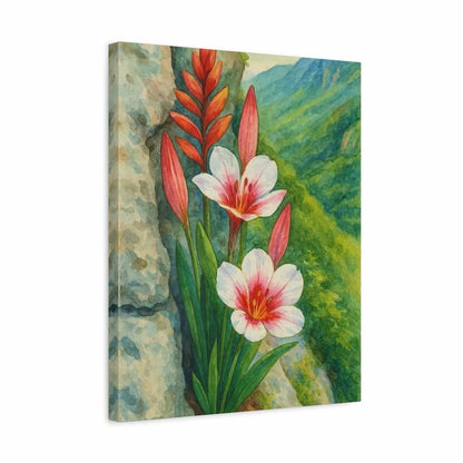 A vertical canvas wall art print featuring a watercolor-style painting of white and pink lilies with red-orange leaves against a green mountainous landscape and stone wall.