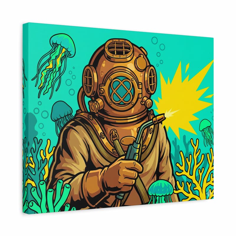 Canvas print with a diver in a vintage helmet against an underwater background with jellyfish and coral.