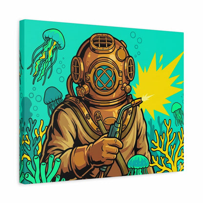 Canvas print with a diver in a vintage helmet against an underwater background with jellyfish and coral.