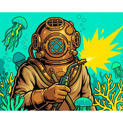 Diver in vintage helmet with welding torch underwater, surrounded by jellyfish and coral.