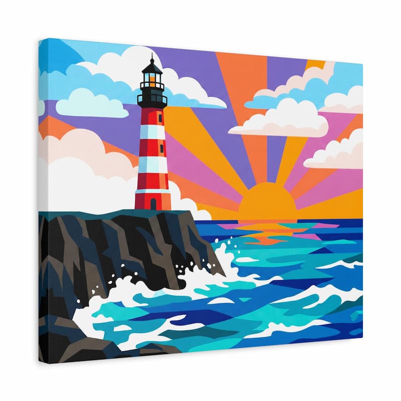 Colorful painting of a lighthouse on a cliff with a vibrant sunset.