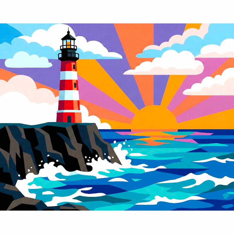 Colorful illustration of a lighthouse on a cliff with a vibrant sunset in the background.