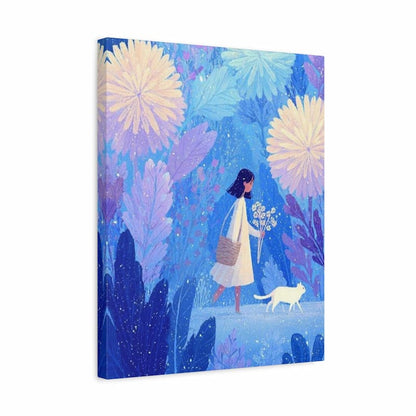 A vertical canvas wall art print featuring a whimsical illustration of a woman in a white dress walking with a white cat through a dreamy blue, purple, and yellow floral landscape.