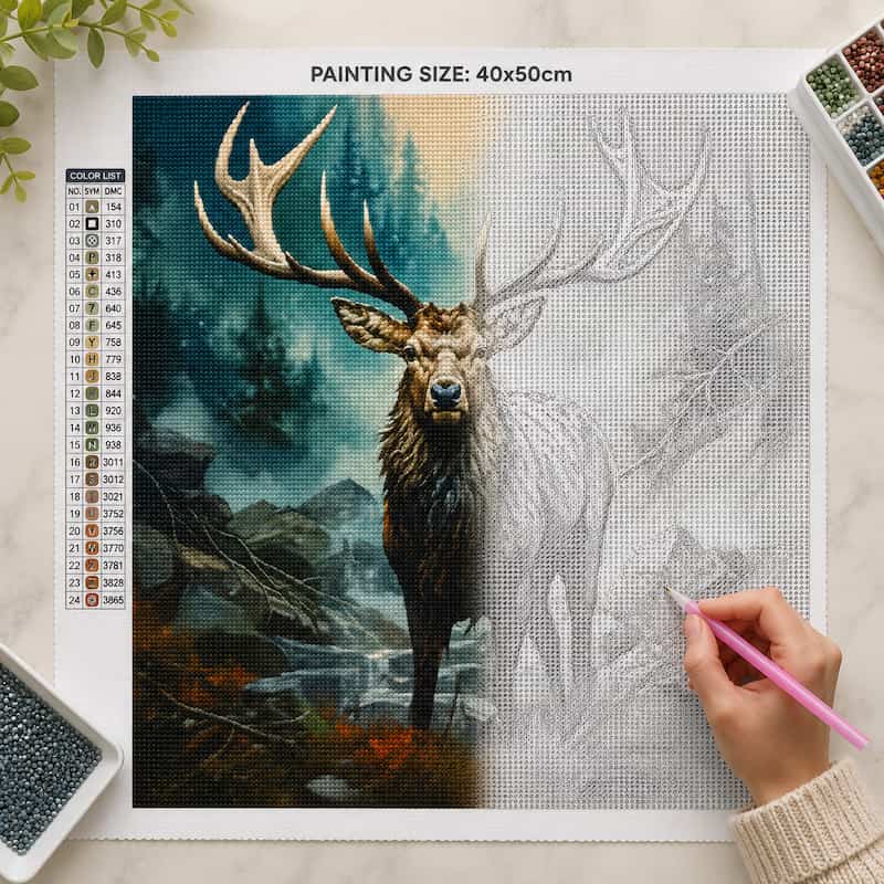 DIY diamond painting kit with a stag design and hand using a pink tool.