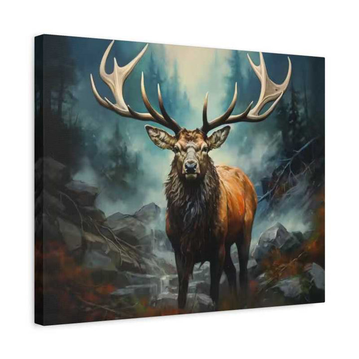 Kit de diamond painting 5D Le Gardien de la Forêt montrant un majestueux cerf aux grands bois dans une forêt brumeuse avec un éclairage dramatique chaud et froid