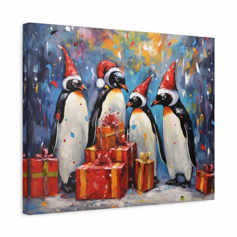 Painting of penguins wearing Santa hats with presents against a colorful abstract background