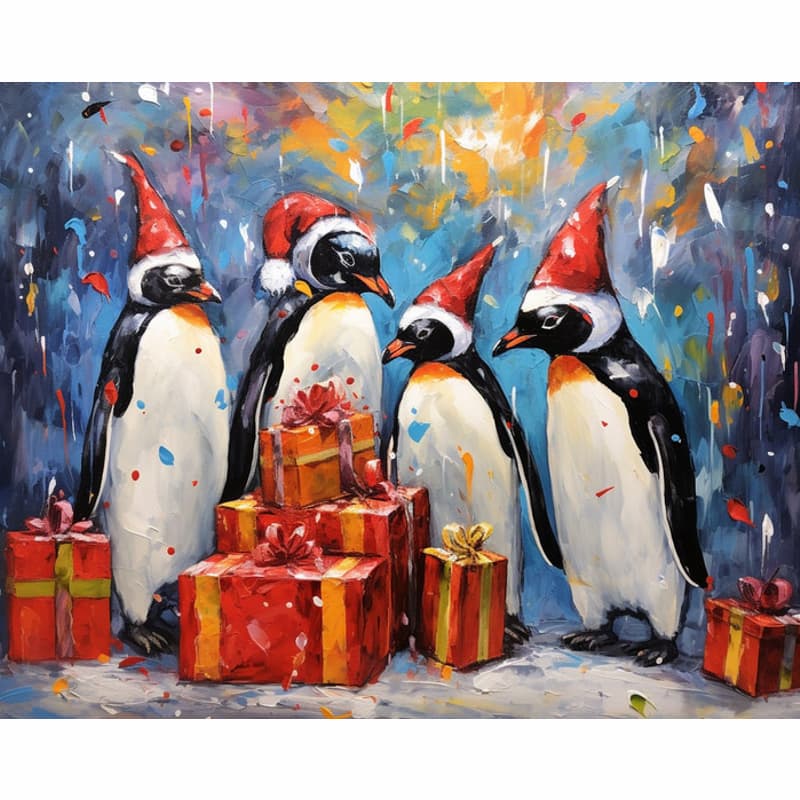 Four penguins wearing Santa hats surrounded by Christmas presents on a colorful abstract background
