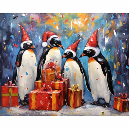 Four penguins wearing Santa hats surrounded by Christmas presents on a colorful abstract background