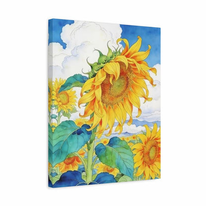 A vertical canvas wall art print depicting a watercolor-style sunflower field under a blue sky with white clouds, shown at a slight angle against a white background.