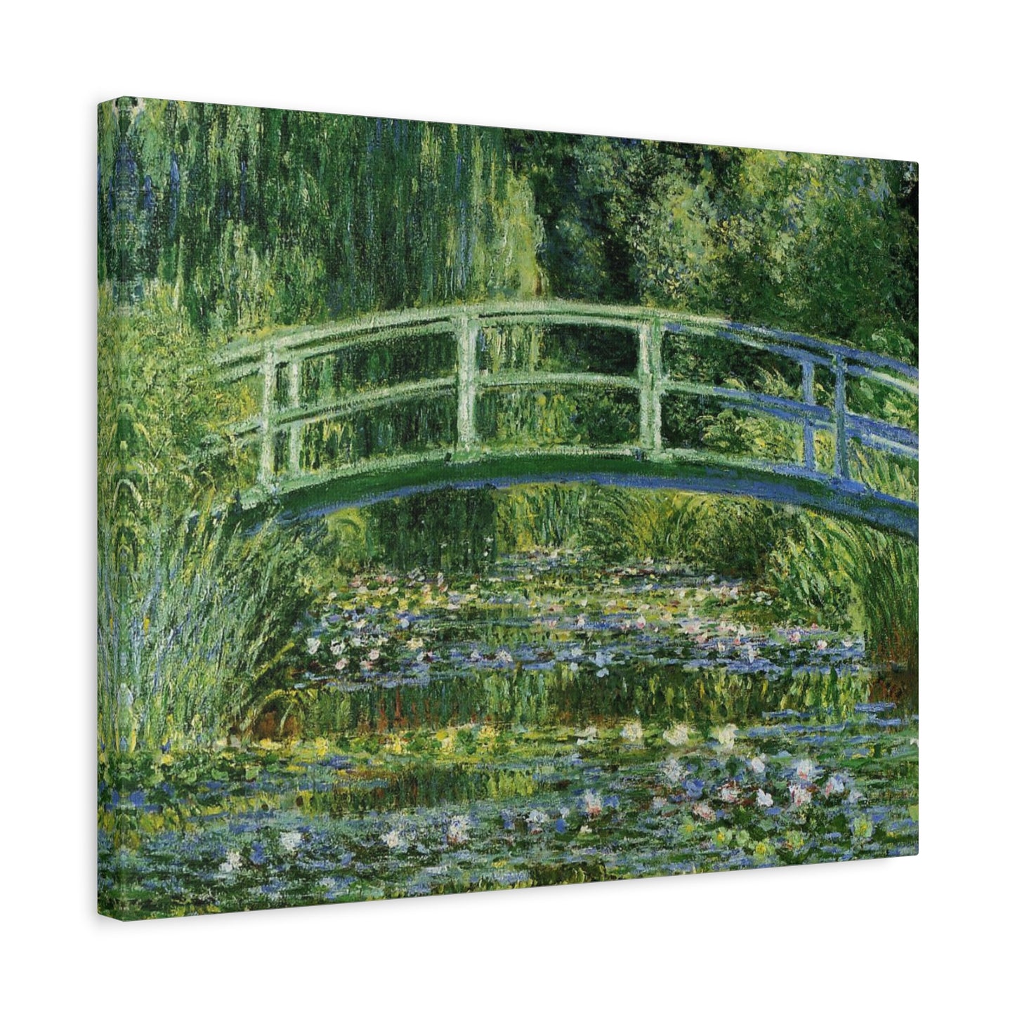 Canvas print of a bridge over water lilies with greenery on a white background